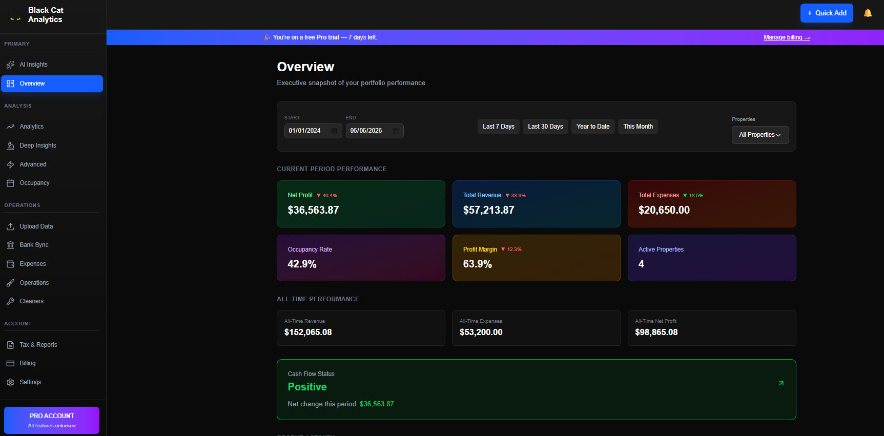 Black Cat Analytics dashboard — Overview with KPIs, all-time performance, and cash flow status