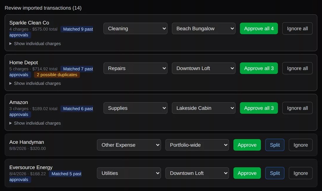 Bank sync review queue grouping repeat merchants with one-click bulk approve and duplicate detection