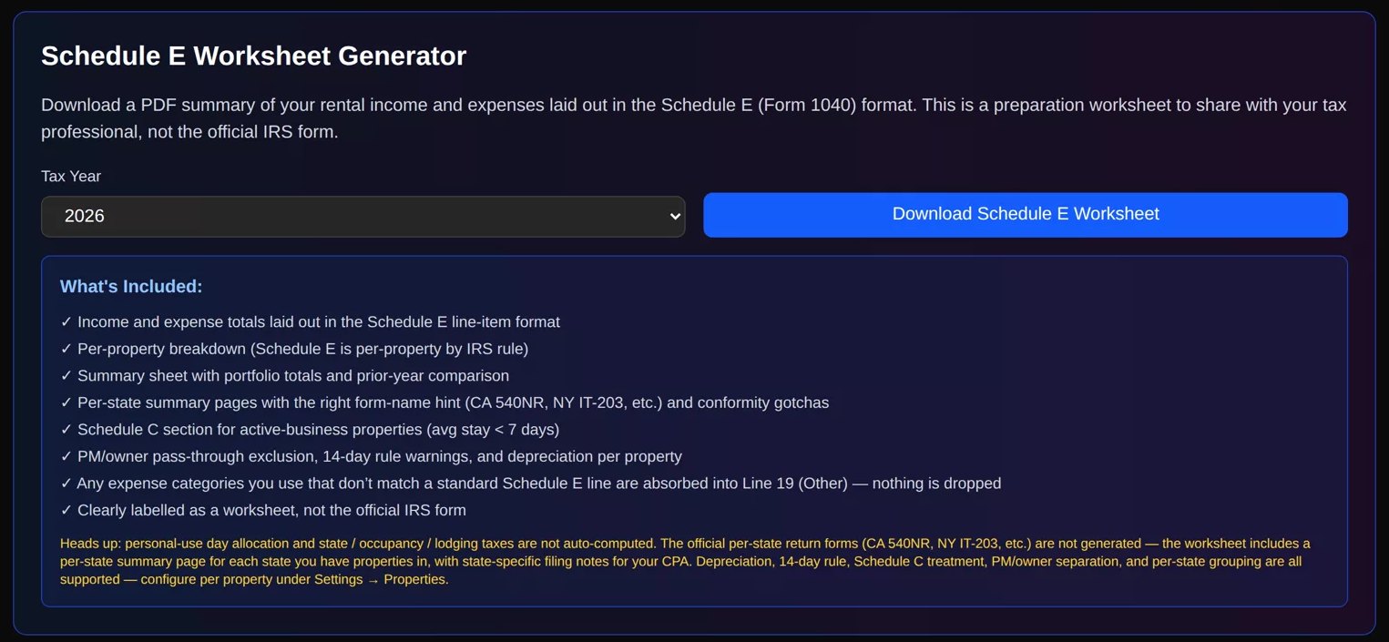 Schedule E worksheet generator with per-property breakdown, depreciation, and a 1099 recipient summary